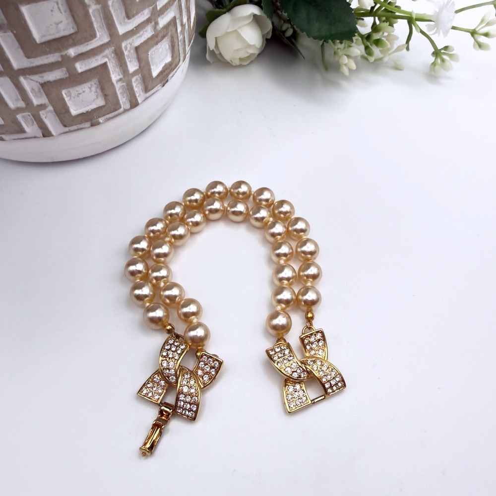 KJL Kenneth Jay Lane Faux Pearl Rhinestone Bow Bracelet Vintage Glam Cocktail